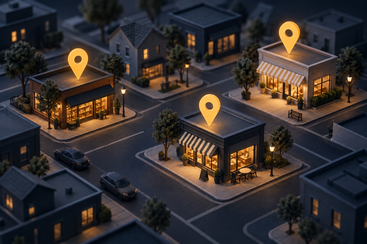 Illustration of three neighborhood storefronts highlighted with amber map pins.
