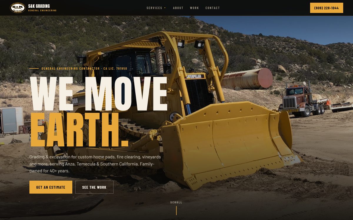 S&K Grading homepage: a bulldozer on a hillside job site under the headline We Move Earth.